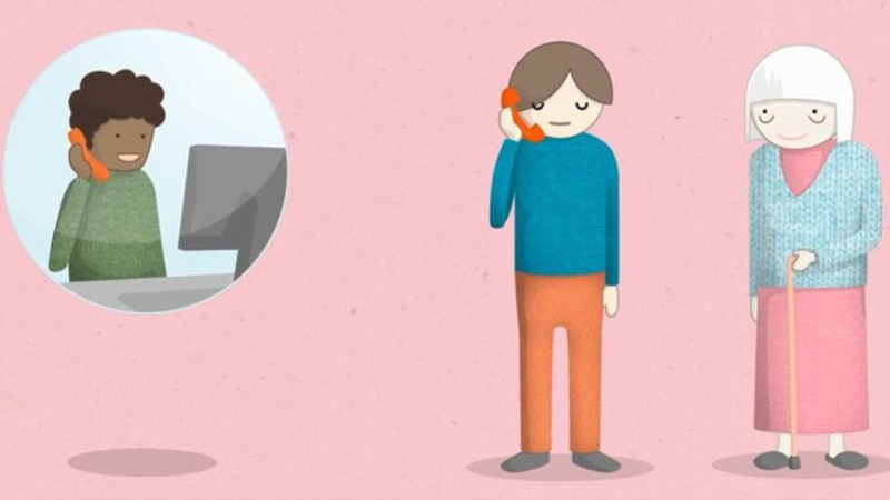 Illustration av tre personer där en talar i telefon