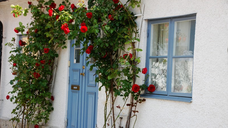 Ett litet pittoreskt vitt stenhus med rosor runt dörren