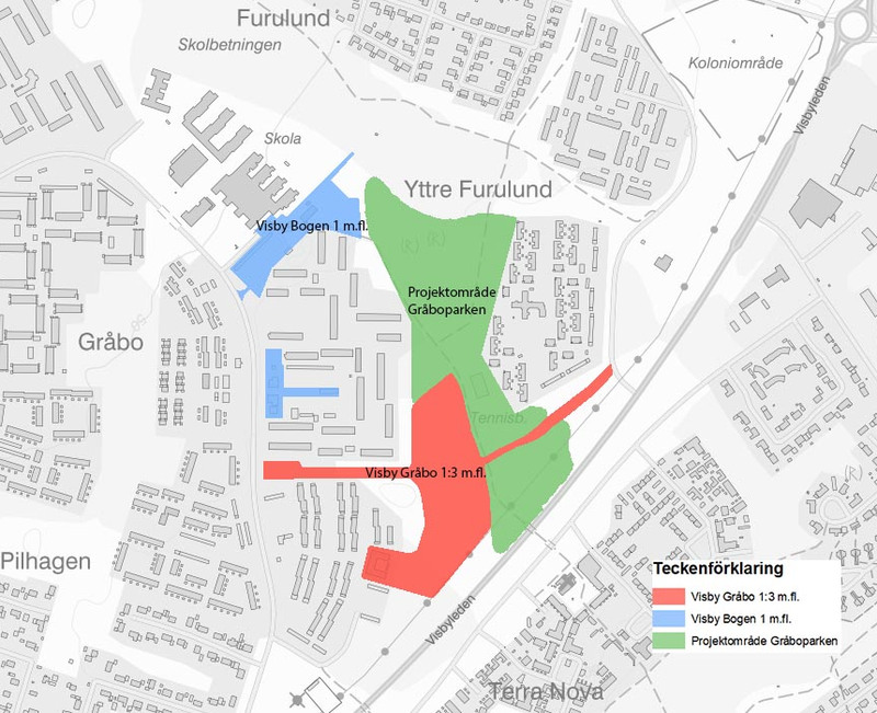 Karta över exploateringsområdet Gråbo och yttre Furulund i Visby. 