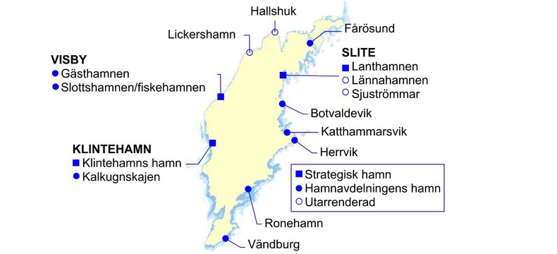 Karta över Region Gotlands hamnar med plats för fritidsbåt